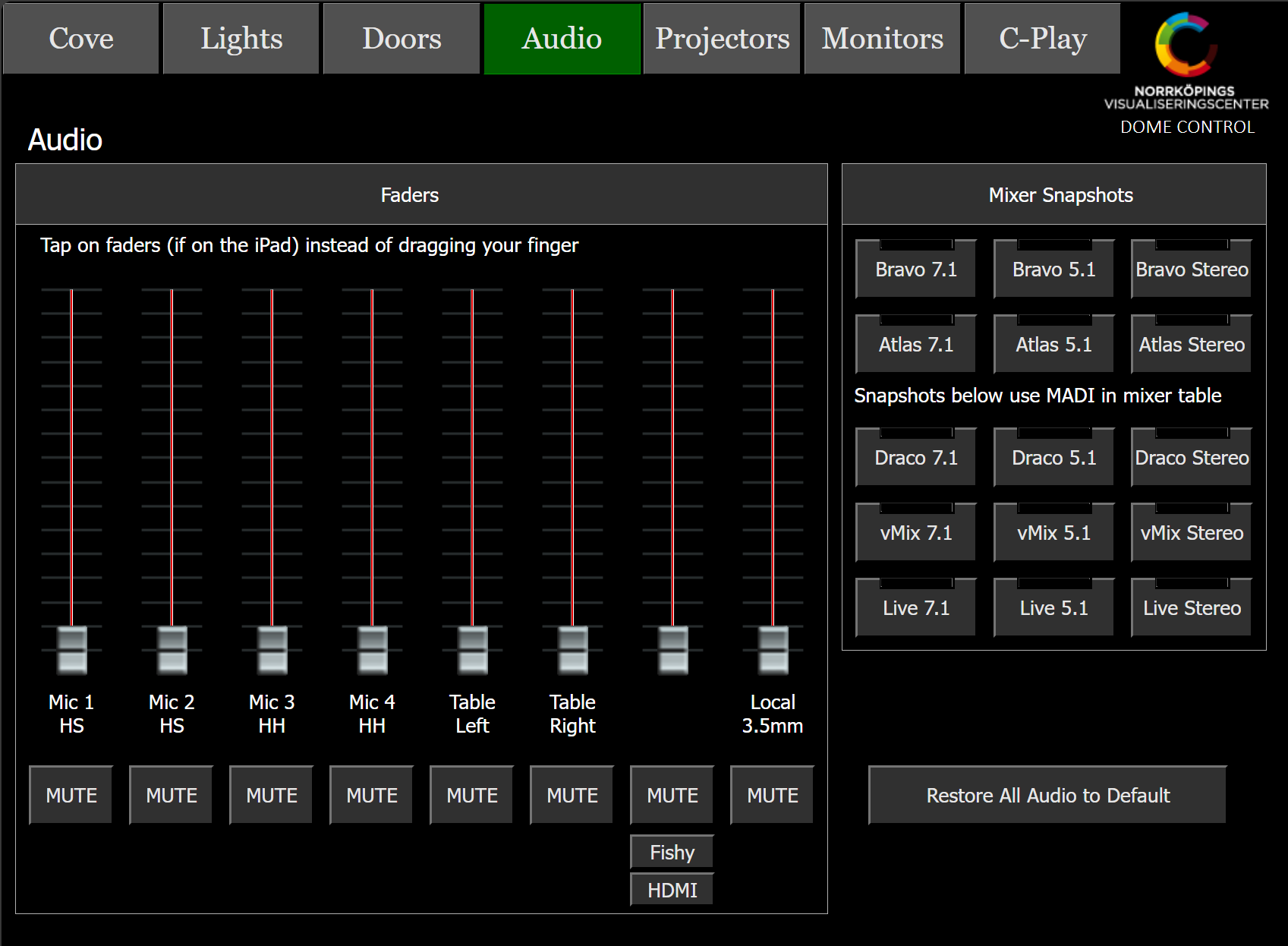 The Audio tab of the Dome Control panel