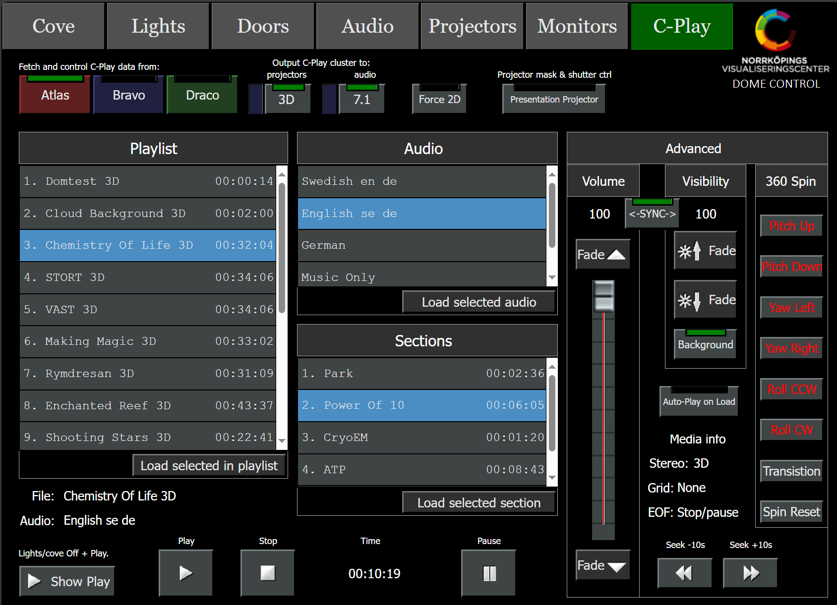 The C-Play tab of the Dome Control panel