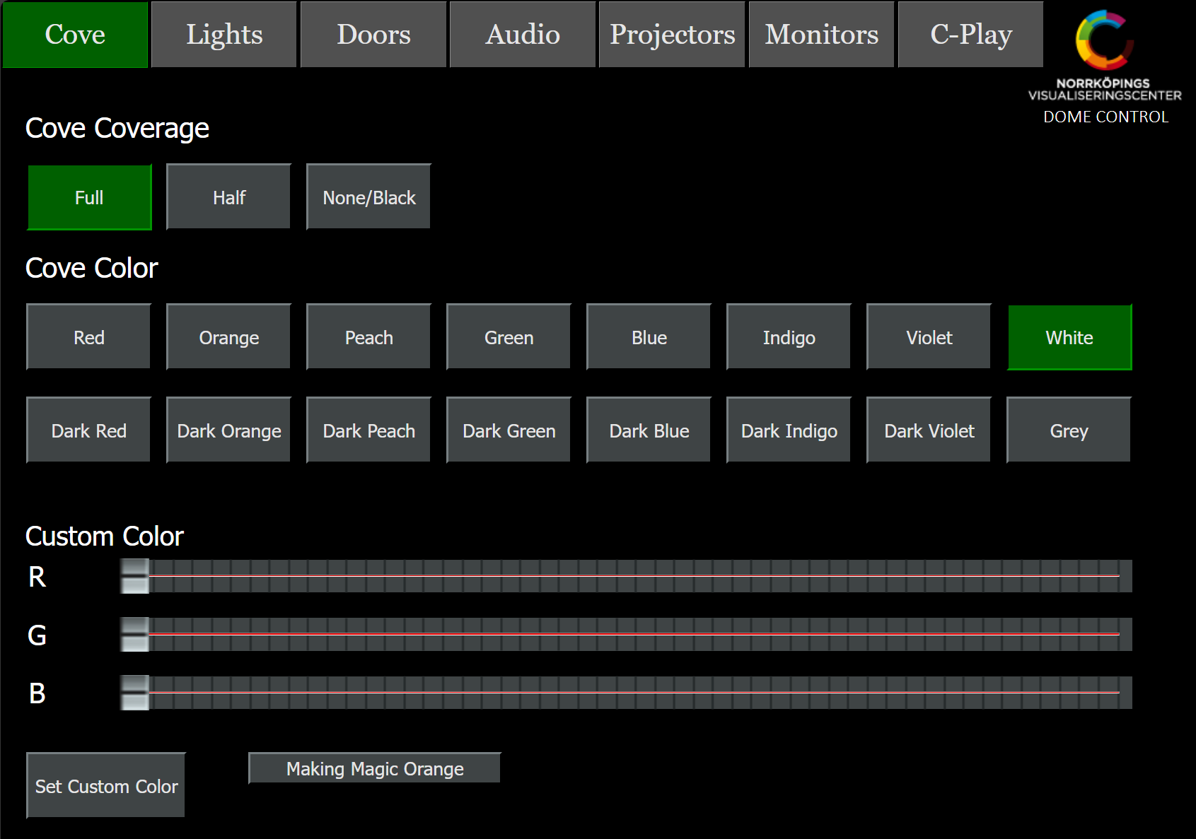 The Cove tab of the Dome Control panel