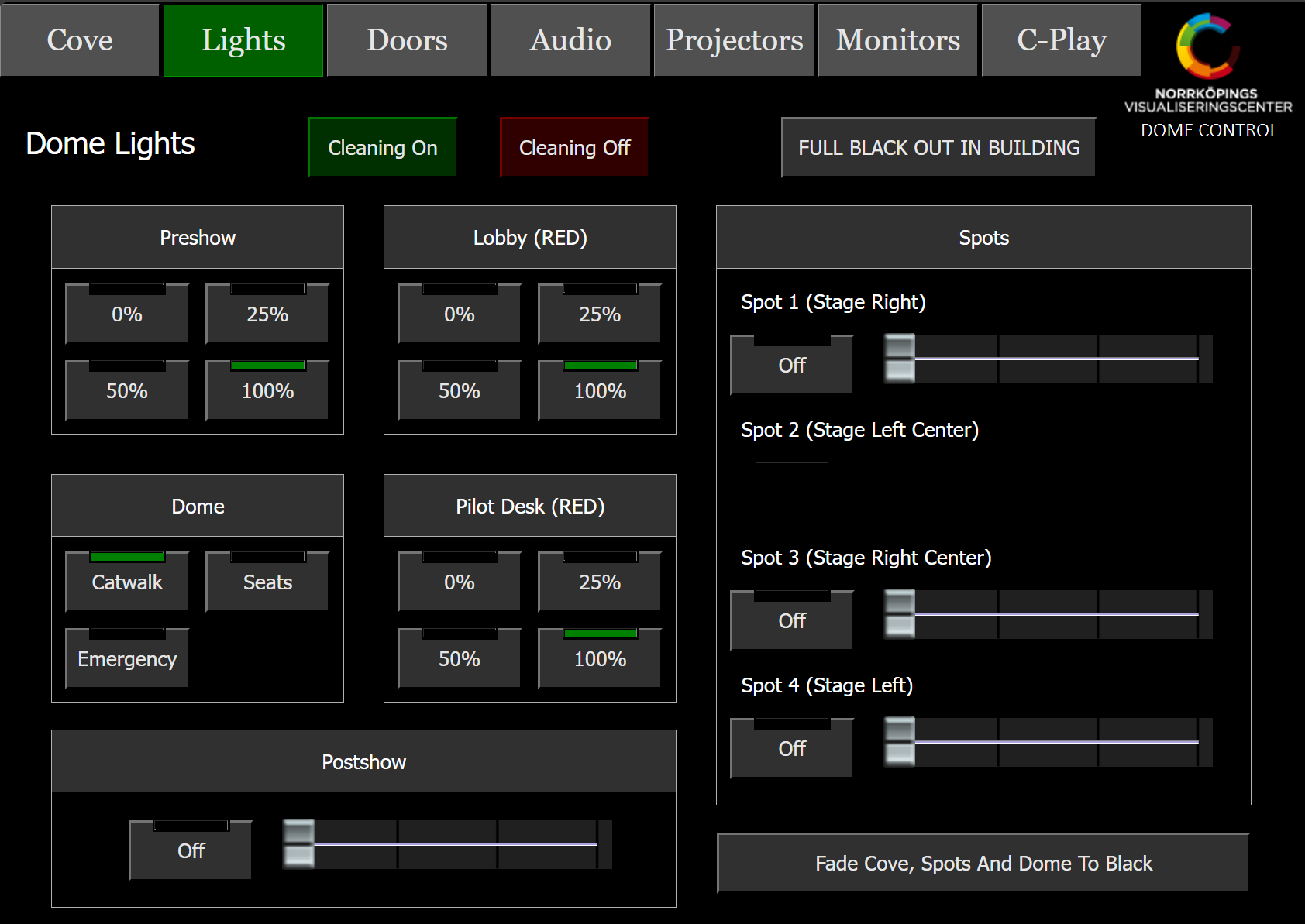 The Lights tab of the Dome Control panel